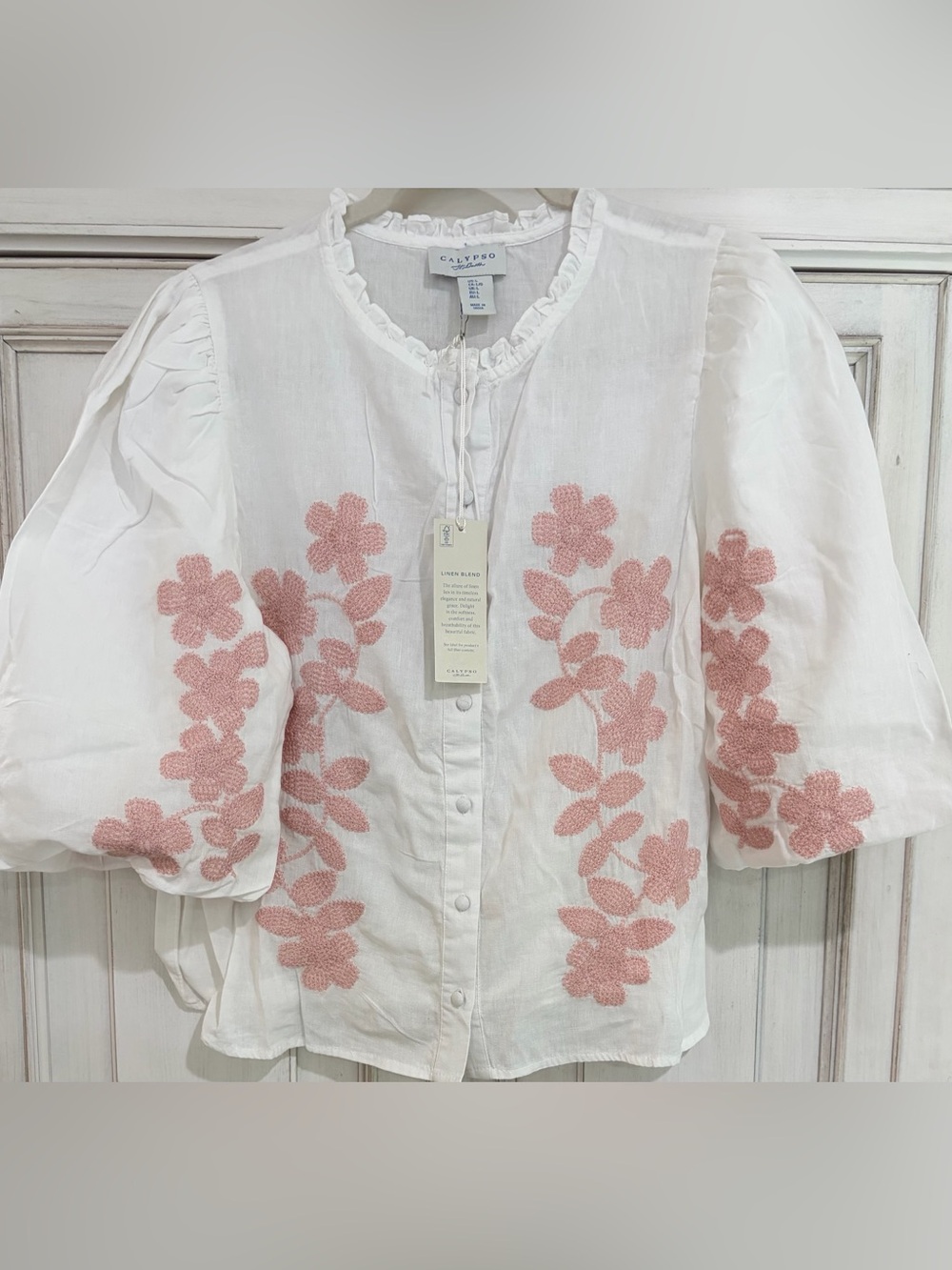 Calypso St. Barth White Cotton Button-Front Blouse with Pink Floral Embroidery
